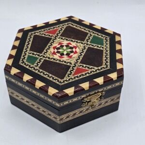 Vintage Moroccan Inlay‎ Wood Jewelry Box Geometric Marquetry Hexagon